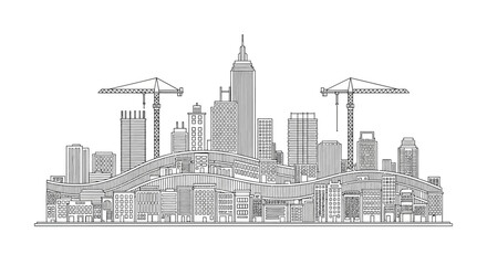 Fototapeta premium Modern City Skyline Construction Line Art Illustration: Urban Development with Skyscrapers, Cranes, and Bridges