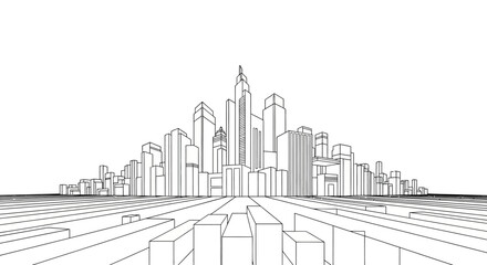 Obraz premium Minimalist City Skyline Architecture Line Art Illustration - Modern Urban Landscape Vector Outline Design for Real Estate and Urban Planning Concepts