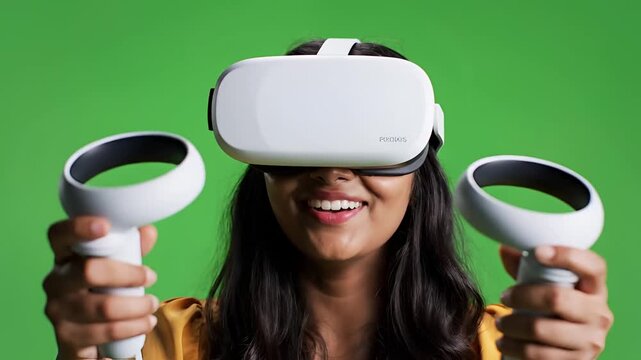 Young Woman Smiling Wearing Virtual Reality Headset and Holding Controllers.