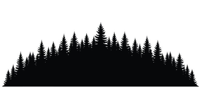 Dark forest silhouette a dense treeline against a bright white background