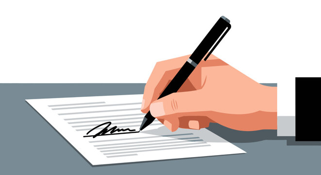 Business person signing a legal contract or formal agreement with a pen, professional commitment and documentation concept vector illustration.