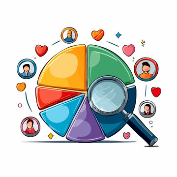 Customer Segmentation Analytics Pie Chart with Magnifying Glass and User Icons