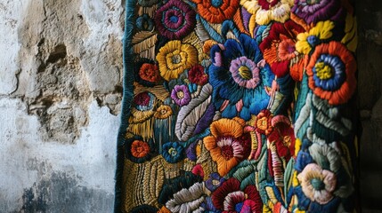 Fototapeta premium Vibrant embroidered textile, ancient stone wall background