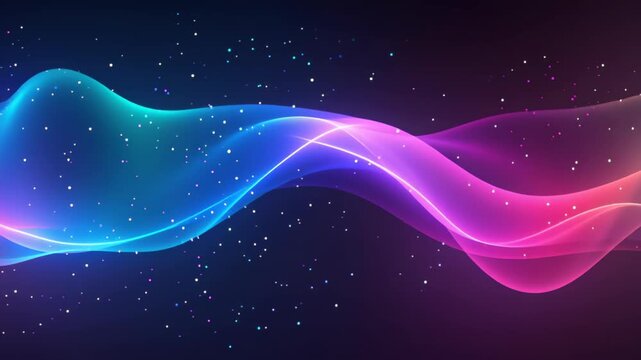 Abstract Wave: A mesmerizing display of flowing, ethereal energy, with vibrant hues of teal, blue, and purple gracefully dancing across a dark expanse, speckled with shimmering particles. 