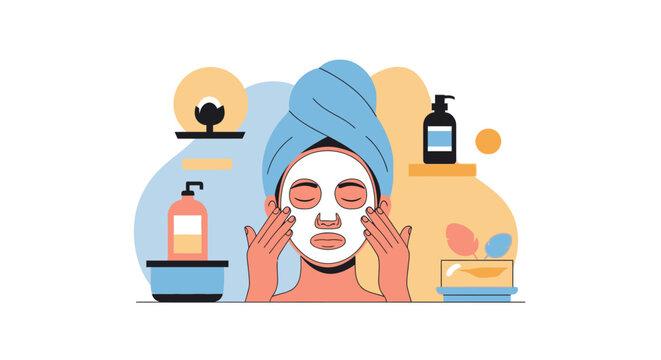 Woman Applying Facial Sheet Mask for Skincare and Wellness, Flat Vector Illustration of Beauty Self-Care Routine with Cosmetic Products