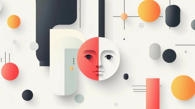 Geometric Abstraction: A captivating geometric composition featuring a stylized human face split into two contrasting hues, complemented by a network of shapes and forms.
