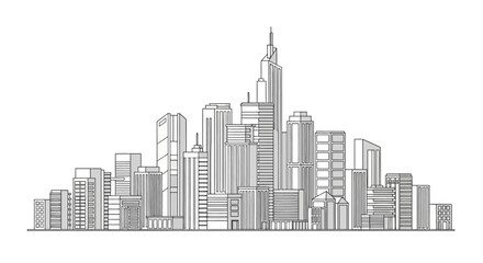 Fototapeta premium Minimalist City Skyline Line Art Illustration - Modern Urban Landscape with Skyscrapers and High-Rise Buildings Isolated on White Background