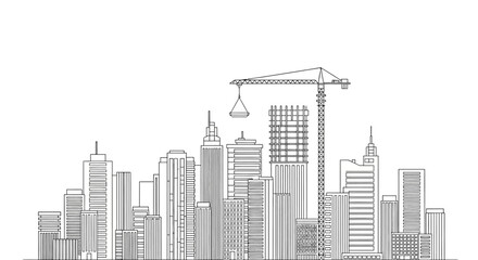 Fototapeta premium Urban Development and Construction Concept: Minimalist Line Art City Skyline with Skyscraper Buildings and Crane Illustration