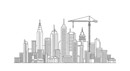 Obraz premium City Skyline Line Drawing with Skyscrapers and Construction Crane for Urban Development and Architecture Design Concepts