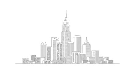 Obraz premium Modern Minimalist City Skyline Line Art Illustration. Architectural Drawing of Urban Skyscrapers and Buildings on White Background.