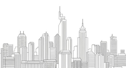 Fototapeta premium Minimalist City Skyline Line Art - Modern Urban Architecture Skyscrapers Outline Illustration