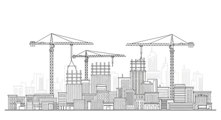 Obraz premium Modern City Construction Skyline Vector Illustration with Tower Cranes and Buildings in Progress, Black and White Line Art Style