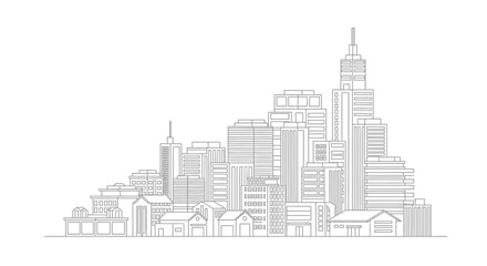Obraz premium Minimalist City Skyline Line Art Illustration - Modern Urban Architecture Outline with Skyscrapers and Residential Buildings for Real Estate Design