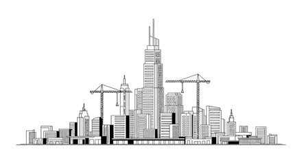 Obraz premium Modern City Skyline Line Art Illustration with Construction Cranes; Minimalist Urban Architecture and Real Estate Development Concept