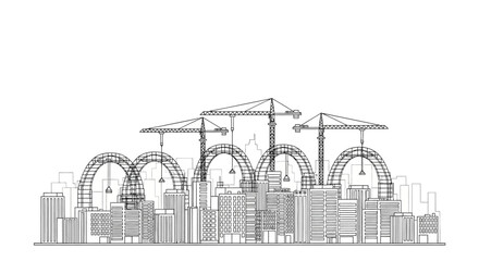 Obraz premium Architectural Line Drawing of an Urban City Skyline with Construction Cranes and Modern Skyscrapers on White Background