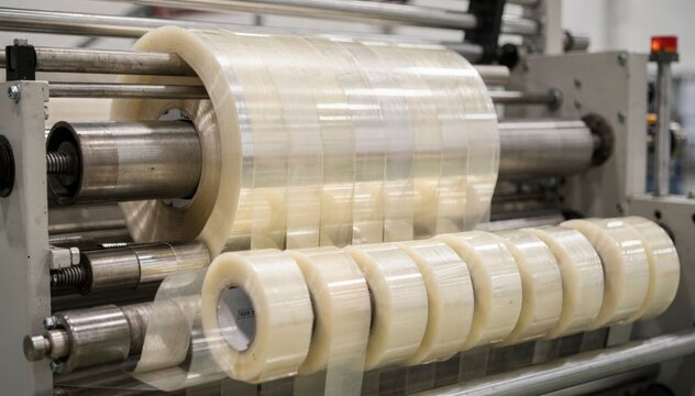Medium shot of industrial machinery slitting a large clear adhesive tape jumbo roll into narrower strips for packaging and retail use.