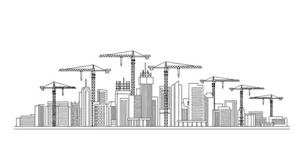 Obraz premium Modern City Skyline Construction Site Line Art Illustration with Tower Cranes and Skyscrapers Vector