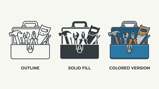 Tool Box Icon Set in Outline Solid and Color Design Styles