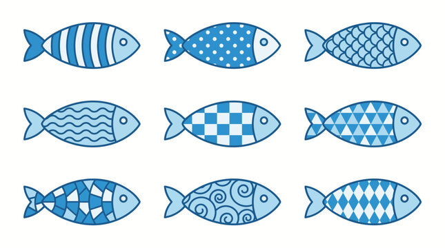 Blue Patterned Fish Vector Icon Set for Design and Decor