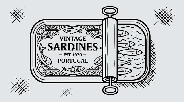 Vintage Sardine Tin Can Line Art Illustration from Portugal
