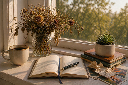 Unfinished Writing at Sunset with Notebook and Coffee by Window