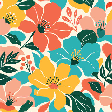 Retro floral seamless pattern, colorful hand drawn flowers, vintage botanical vector background