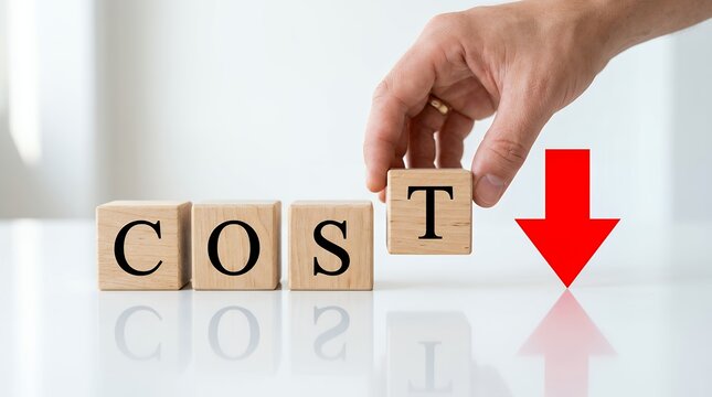 Hand places wooden block spelling 'COST' next to a large red downward arrow symbolizing cost reduction and financial savings decrease business concept money expense budget