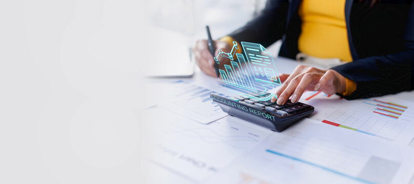 Business woman analysis summary graph reports of business accounting report graph operating expenses and work data about the company's financial statements.