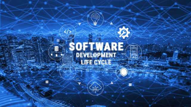Visual Representation of Software Development Life Cycle with Icons and Cityscape Background in a Tech-Themed Color Palette Quark.