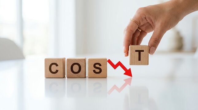 Hand places wooden cube with letter T completing the word COST next to a red downward arrow symbolizing cost reduction 166 characters decrease expense saving financial business