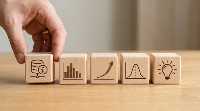 Hand placing a wooden block with a database icon next to blocks showing bar chart growth arrow normal distribution and lightbulb business analysis statistics graph idea information