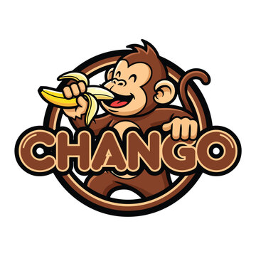 Cartoon Monkey Mascot Logo Design Eating a Banana.