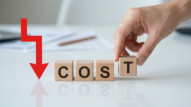 Hand places final wooden block spelling COST next to a downward red arrow indicating reduction symbolizing cost saving decrease economy expense financial growth lowering money