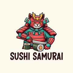 Fototapeta premium A cool cartoon cat samurai warrior wearing traditional armor slicing sushi rolls with a sharp katana sword.
