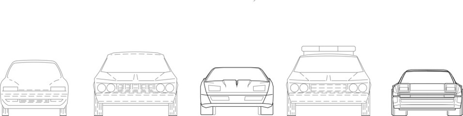 Minimalist architectural vector set of car elevations, featuring technical front view designs of various classic vehicles. © Riki