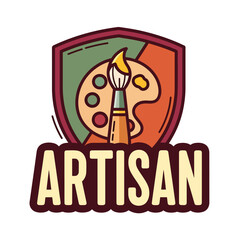 Fototapeta premium Artisan logo design featuring a paint brush and palette inside a shield emblem.