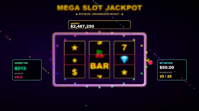 A sophisticated digital interface for Sports Betting Analytics demonstrating a virtual slot machine with cascading symbols and a surging progressive jackpot against a neon backdrop