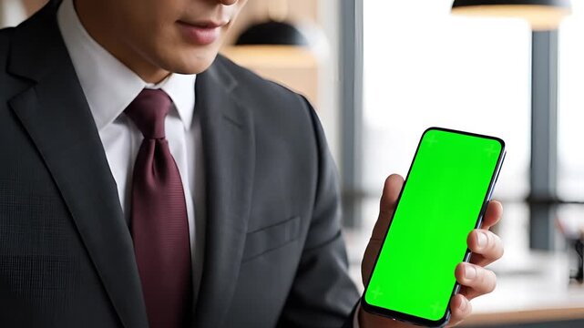 Businessman pointing at a green screen smartphone in office setting.