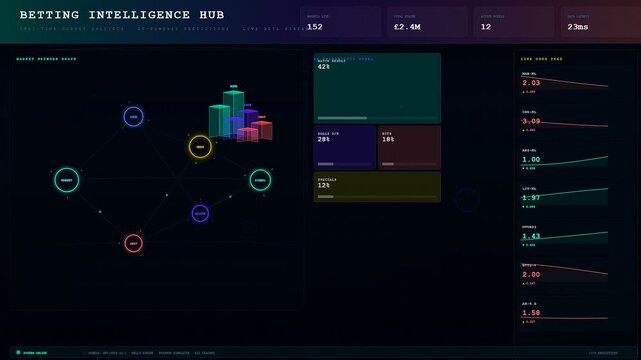 This sophisticated sports betting analytics interface displays dynamic real time data fluctuations across complex network graphs and financial indicators within a futuristic dark digital environment