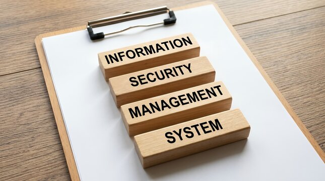 Four wooden blocks stacked on a clipboard with the words Information Security Management and System printed in black text Information Security Management System ISMS data protection