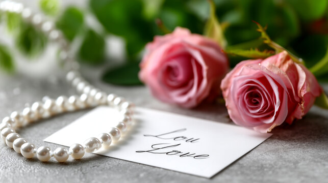 Romantic Pink Roses and Pearl Necklace with Love Note