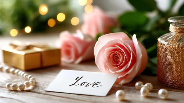 Romantic Valentine's Day Still Life: Roses, Gift, Perfume, and Pearls Conveying Love and Affection