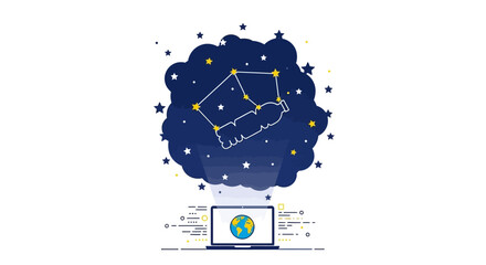 Plastic bottle constellation appears from a laptop displaying Earth. © jaka-Stock