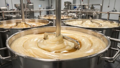 Fototapeta premium Medium shot of cosmetic grade petroleum jelly blending kettles stirring smooth waxes and oils to create silky ointment for skincare formulations.