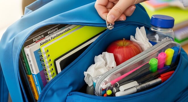 Blue backpack filled with school supplies, books, and a healthy snack