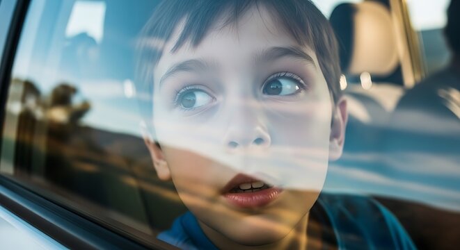 Young boy looking out car window with landscape reflection on glass