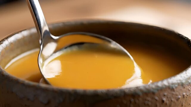 Closeup of a ladle scooping thick creamy pumpkin soup from a rustic bowl.