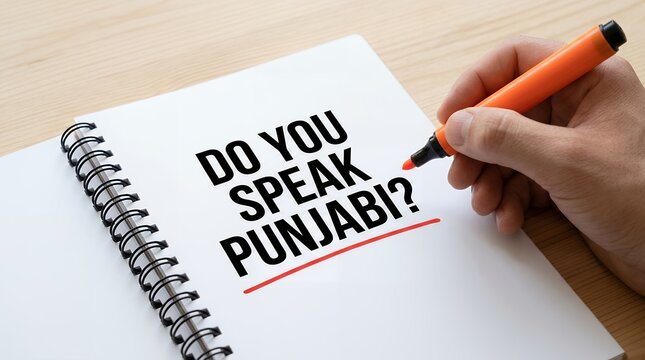 A hand holds an orange marker poised to write or underline text on a white notebook page that reads DO YOU SPEAK PUNJABI language question writing communication learning culture