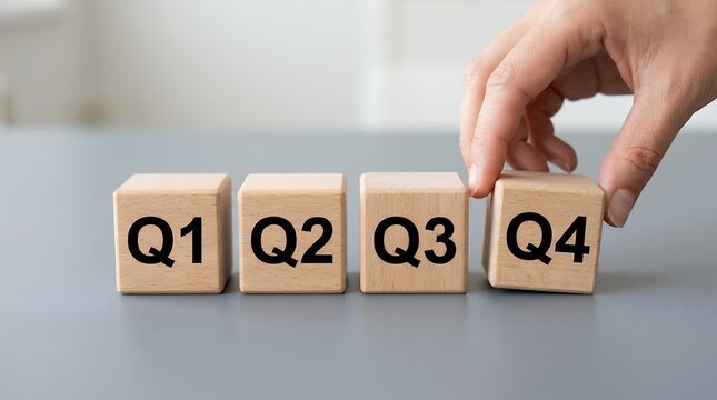 A hand is placing the fourth wooden cube labeled Q4 next to cubes labeled Q1 Q2 and Q3 in a chronological sequence quarter business finance planning strategy growth success