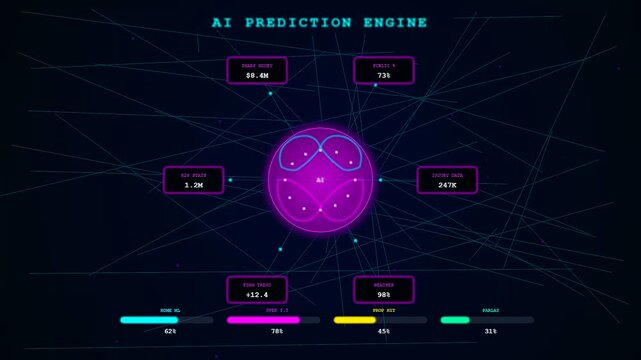 A futuristic digital dashboard featuring sports betting analytics with glowing neon interfaces and real time data processing for advanced machine learning predictive outcome forecasts